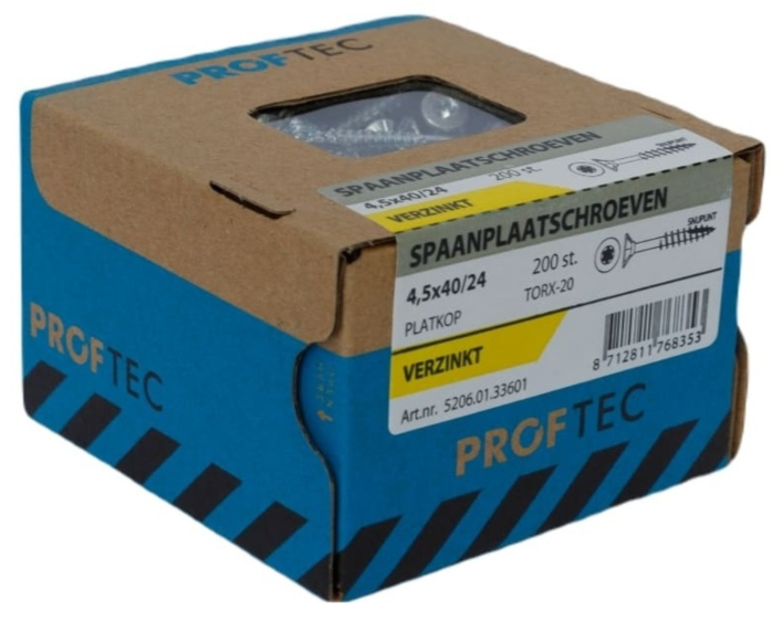Proftec Spaanplaatschroef Vz Pk +Snijpunt Torx TX20 (+Bit) 4.5X40/24 | 200 stuks - 5206.01.33601
