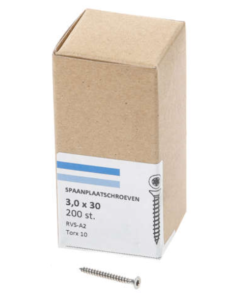 Hoenderdaal Spaanplaatschroef Rvs-A2 Platkop voldraad Torx TX10 3.0X30 | 200 stuks - 0206.30.13203