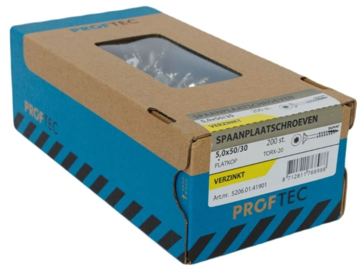 Proftec Spaanplaatschroef Vz Pk +Snijpunt Torx TX20 (+Bit) 5.0X50/30 | 200 stuks - 5206.01.41901 afbeelding