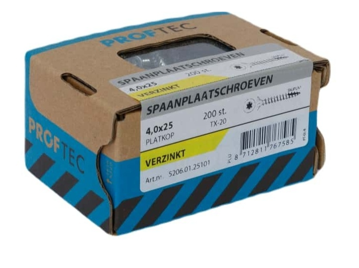 Proftec Spaanplaatschroef Vz Pk +Snijpunt Torx TX20 (+Bit) 4.0X25 | 200 stuks - 5206.01.25101