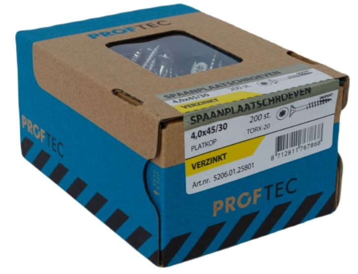 Proftec Spaanplaatschroef Vz Pk +Snijpunt Torx TX20 (+Bit) 4.0X45/30 | 200 stuks - 5206.01.25801 afbeelding 1