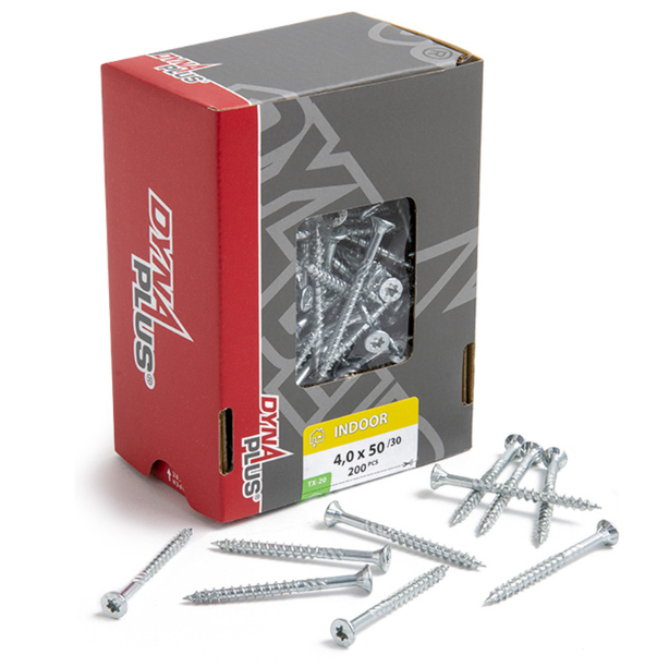 Dynaplus Unischroef / Spaanplaatschroef Verzinkt Platkop Deeldraad Torx TX20 4.0X50/30 | 200 stuks - 0281.01.25902
