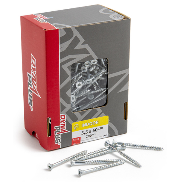 Dynaplus Unischroef/Spaanplaatschroef Verzinkt Platkop Deeldraad Torx TX15 3.5X50/30 | 200 stuks - 0281.01.17902