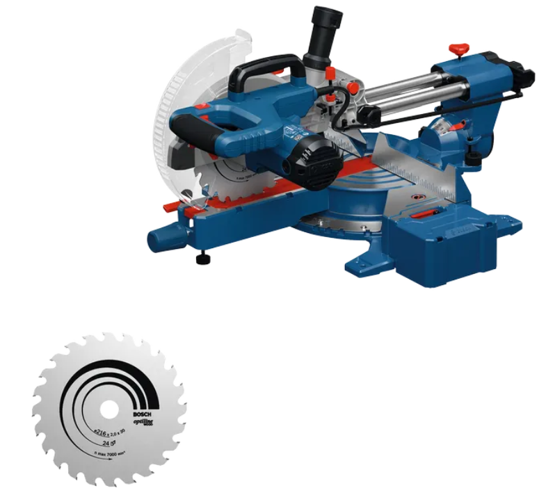 Bosch Blauw GCM305-216S Afkortzaag -Kap- en verstekzaag - 216mm (2x Zaagblad, klem, stofzak, liniaal, 2x werkstukssteun) - 0601B61001