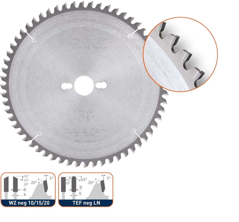 Rotec HM afkort- en verstekzaagblad, ø250x3,2x30mm Z=60 WZ neg 15 - 5543015