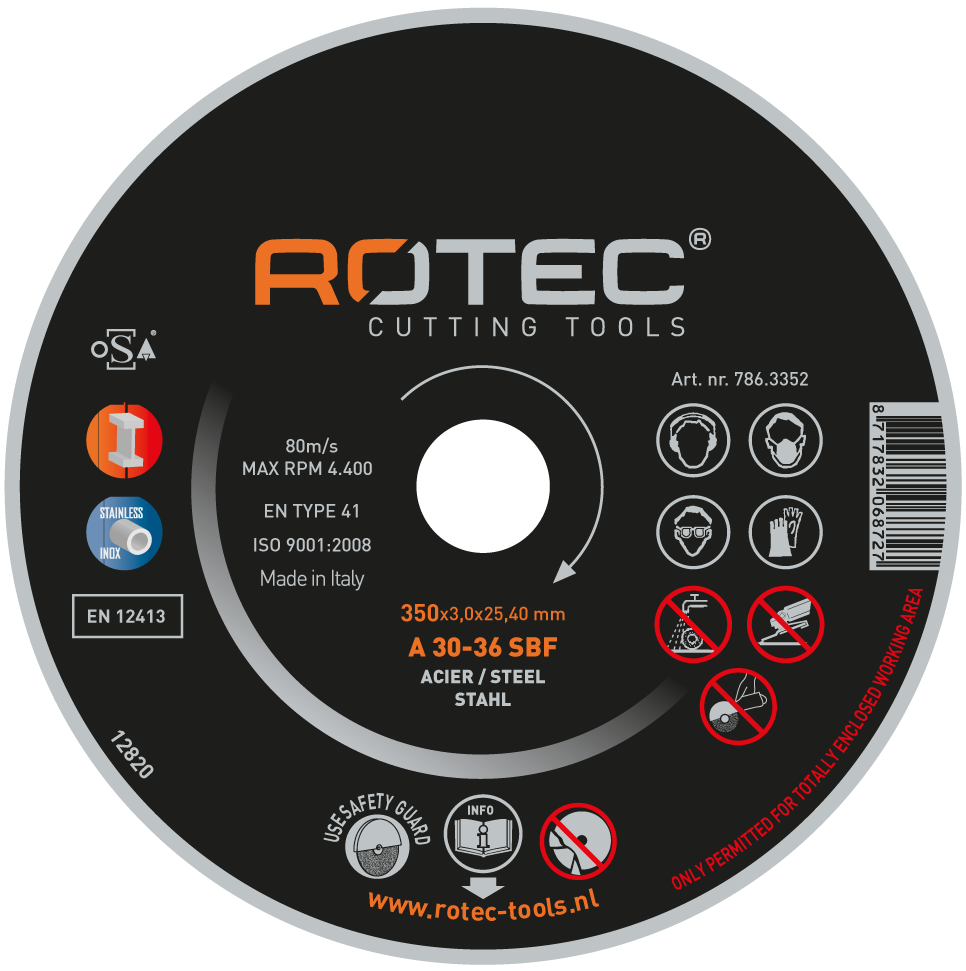 Rotec Grote doorslijpschijf t.b.v. Staal | 350 x 3,0 x 25,40 mm 786.3502