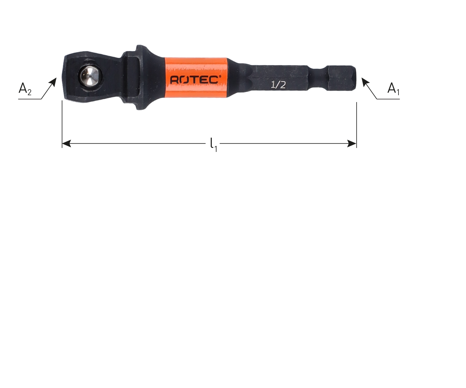 Rotec Impact Adapter Hoek 30 | E6,3 Bitopname | 4-kant | 1/2 kogel | L65 | 1 stuk - 820.0120