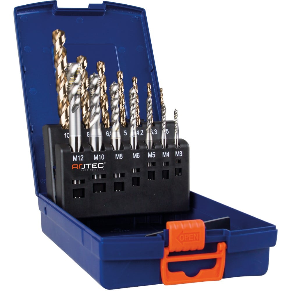 Rotec 7+7 dlg. set machinetappen '330' en spiraalboren '110' / M3-M12 - 900.2009I