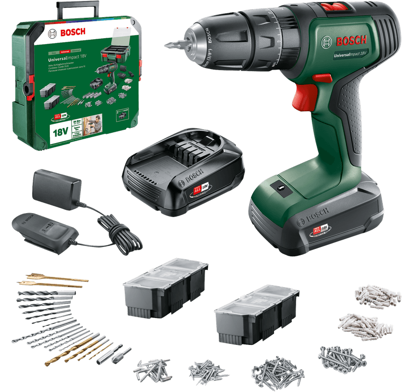 Bosch Groen UniversalImpact 18V | Accuklopboorschroevendraaier | 2 x 1.5 Ah accu + lader | + SystemBox 06039D4103
