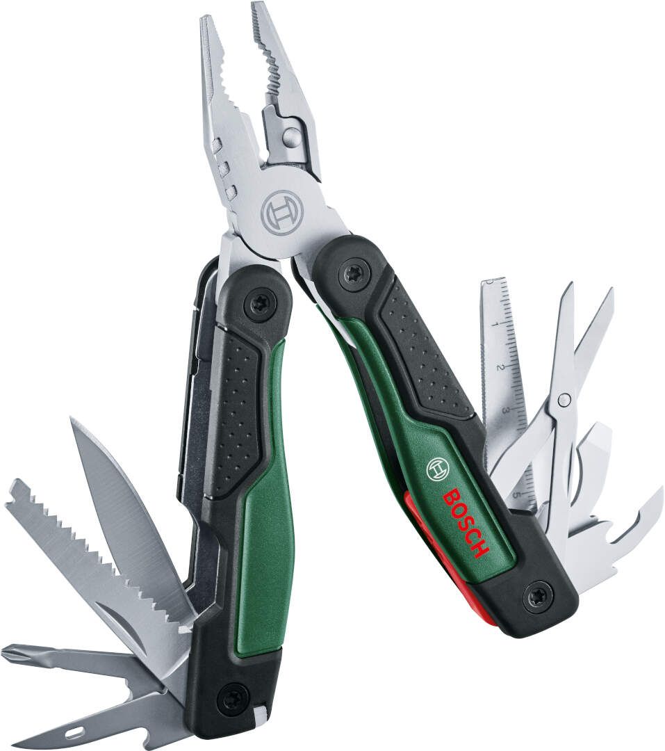 Bosch Groen 16-in-1 multitool (16-in-1 multitool (punttang nijptang draadschaar 2x schroevendraaier (SL4 6 PH) metrisch liniaal mes zaag vijl