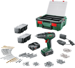Bosch Groen Universal Drill 18V | Accuschroefboormachine | 2 x 1.5 Ah accu + lader | Incl. accessoires + SystemBox - 06039D4003