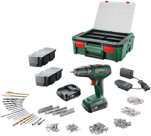 Bosch Groen Universal Drill 18V | Accuschroefboormachine | 2 x 1.5 Ah accu + lader | Incl. accessoires + SystemBox - 06039D4003