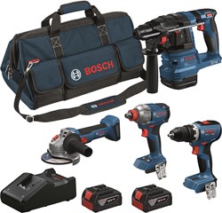 Bosch Blauw Accutoolkit 4-toolkit 18V (GSR18V-65, GDX18V-285, GWS18V-8, GBH18V-22, 2x GBA18V5,0Ah, lader GAL18V-40) - 0615A500BK