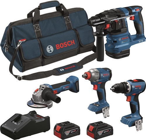 Bosch Blauw Accutoolkit 4-toolkit 18V (GSR18V-65, GDX18V-285, GWS18V-8, GBH18V-22, 2x GBA18V5,0Ah, lader GAL18V-40) - 0615A500BK