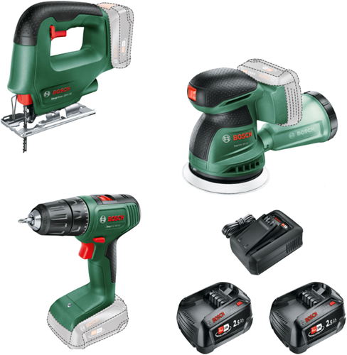 Bosch Groen Accutoolkit Combipack EasyDrill 18V-40 + EasySaw 18V-70 + EasyOrbit 18V-10 | Inclusief 2x 18V 2,5 Ah + Lader |In Tas - 0615A500A9