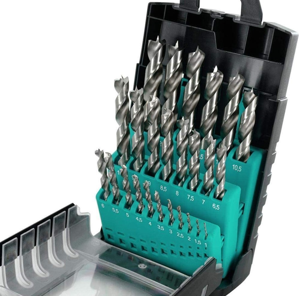 Greywolf 25-delige houtbewerkingsboorset, houtspiraalboorset, cilinderschacht met dubbele snijplaat, in stabiele doos, voor houtbewerking en alle houtsoorten (1 mm - 13 mm), HSS-G boor