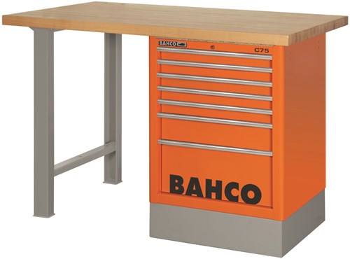 Bahco Werkbank | heavy-duty | met houten werkblad | ladeblok | 8 lades | 2 poten | oranje | 1500 mm x 750 mm x 1030 mm - 1495K8CWB15TW