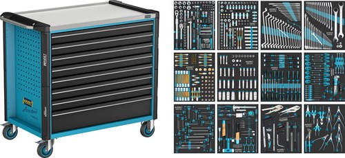 HAZET Gereedschapwagen - Assistent 179NXXLD - assortiment 179NXXL-8D/619 - 619-delig - Laden, ondiep: 7× 81 x 870 x 522 mm - Laden, diep: 1× 166 x 870 x 522 mm