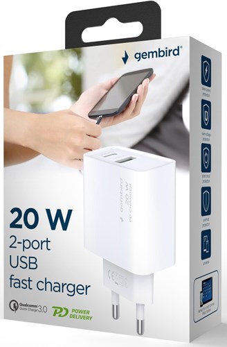 Gembird USB + USB-C snellader 20W wit - A9540151-2