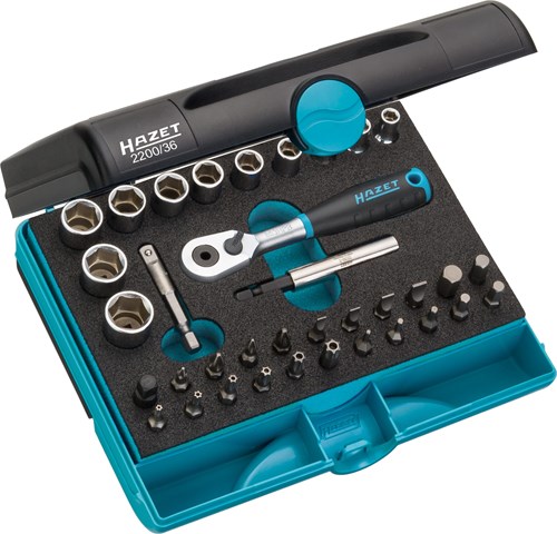 HAZET Dopsleutelset | 1/4 inch (6,3 mm) vierkant hol, 1/4 inch (6,3 mm) zeskant massief | Buiten-zeskant-tractieprofiel, Sleufprofiel, Kruiskop profiel PH, Pozidriv-profiel PZ | 36-delig