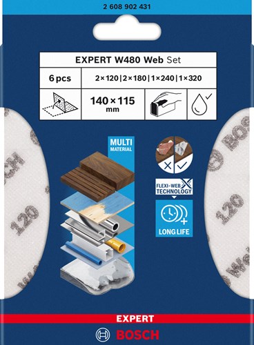 Bosch Accessoires EXPERT 6-delige set Schuurvel Web W480 115 x 140 mm 2x G120; 2x G180; 1x G240; 1x G320 - 2608902431-2