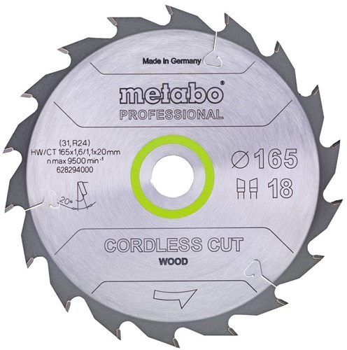 Metabo Cirkelzaagblad Cordless Cut Wood - Professional | 165 x 1.6 x 20 mm | Z18 WZ 20° - 628294000