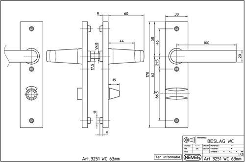 Nemef 3251 WC Ls Beslag kortschild rechthoekig | Blok kruk-kruk | beslagset | geveerd | krukstift 8mm | F1 aluminium | WC72 | draairichting links - 9325122722-2