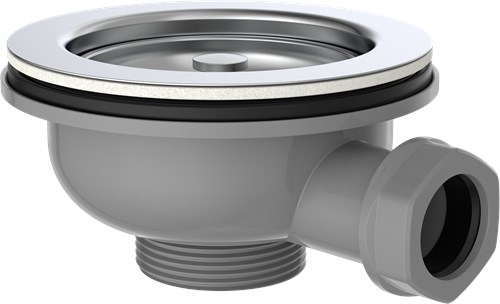 Kirchhoff ECO-SAVE kunststof korfventiel, grijs, 1 1/2" ET, roestvrijstalen ventielbeker en zeef Ø114 mm, met 1" overloopaansluiting - 98835349