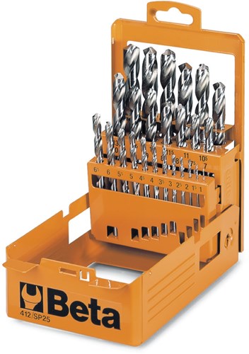 Beta Set spiraalboren, korte uitvoering HSS volledig geslepen glimmende afwerking (art. 142) in kistje 412/SP19 - 004120419