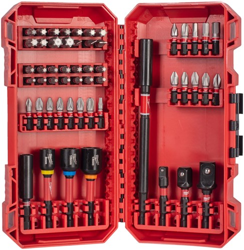 Milwaukee Bitset | SHOCKWAVE | PACKOUT Ready Box | 43x 25mm & adapter | 1/4"-SQ & 3/8"-SQ & 1/2"-SQ | 3x Doppen | 60mm/150mm Bithouders - 4932500389