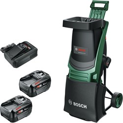 Bosch Groen UniversalShredder Fluisterhakselaar 2x18V-25 | 2x PBA 18V 4.0 Ah Accu + 1x Snellader AL 18V-44 + 1x 28L Opvangzak - 06008E0000