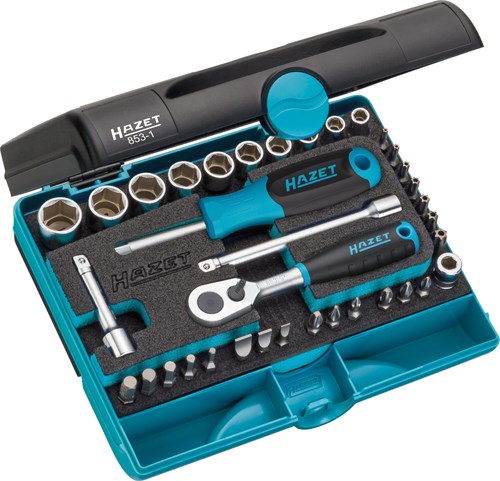 HAZET Dopsleutelset 853-1 | 1/4 inch (6,3 mm) zeskant massief, 1/4 inch (6,3 mm) vierkant hol | Buiten-zeskant-tractieprofiel, Binnen-zeskant-profiel, Kruiskop profiel PH, Sleufprofiel | 36-delig