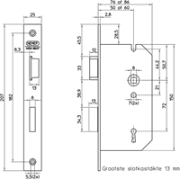 Nemef 66 Deurslot | DM50mm | S72mm | krukgat 8mm | voorplaat staal verzinkt en gelakt 25x207mm rechthoekig | messing dagschoot en zamac verzinkte nachtschoot | 2 sleutels | DR 1+3 - 9006602533-2