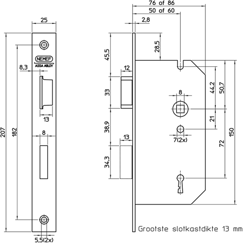 Nemef 66 Deurslot | DM50mm | S72mm | krukgat 8mm | voorplaat staal verzinkt en gelakt 25x207mm rechthoekig | messing dagschoot en zamac verzinkte nachtschoot | 2 sleutels | DR 1+3 - 9006602533-2