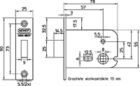 Nemef 404 Toilet/badkamerslot | DM57mm | voorplaat aluminium geëloxeerd 90x25mm rechthoekig | messing nachtschoot | sluitplaat P 1256/12 | DR 1+2+3+4 - 9040452000-2