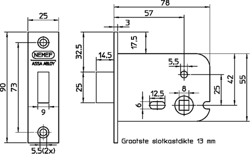 Nemef 404 Toilet/badkamerslot | DM57mm | voorplaat aluminium geëloxeerd 90x25mm rechthoekig | messing nachtschoot | sluitplaat P 1256/12 | DR 1+2+3+4 - 9040452000-2