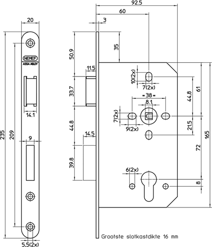 Nemef 649/46 Paniekdeurslot | DM60mm | PC72mm | krukgat 8mm gedeeld | voorplaat RVS 20x235mm afgerond | messing dag- en nachtschoot | DR 1 - 9064946653-2