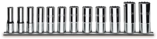 Beta 12-delige set dopsleutels, twaalfkant, lange uitvoering (art. 910AS/L) met support 910ASL/SB12 - 009100365