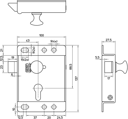 Nemef 1640K/5 Ls Opleg dagschootslot | DM43mm | slotkast messing 100x137mm | 1 toers | DR 3 | draairichting: links - 9164055002-2