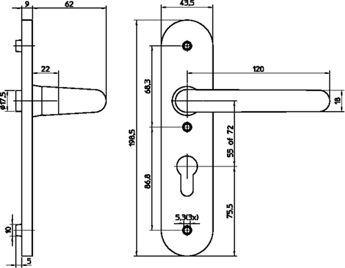 Nemef 3253P/B Ls Beslag kortschild afgerond | D kruk-kruk | beslagset | geveerd | krukstift 8mm | F1 aluminium | PC72-blind | draairichting links - 9325317722-2