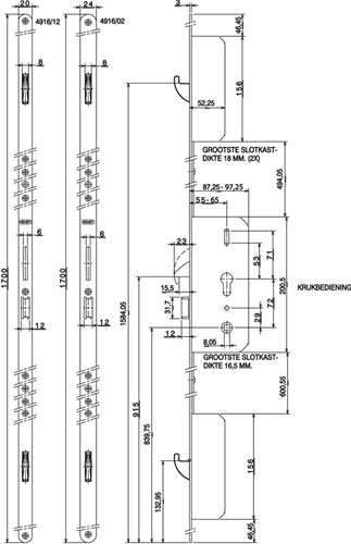Nemef 4916 Veiligheidsmeerpuntssluiting | krukbediend | SKG*** | DM55mm | PC72mm cilinder boven kruk | voorplaat staal verzinkt 24x1700mm afgerond| DR 1+3/2+4 - 9491602551-2