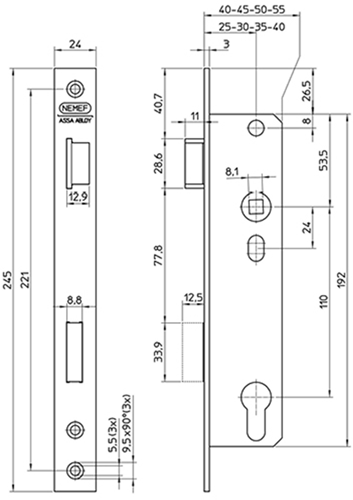 Nemef 8741 Deurslot | DM30mm | PC110mm | krukgat 8mm | voorplaat staal verzinkt 24x245mm rechthoekig | messing dag- en nachtschoot | DR 1+3 - 9874114301-2