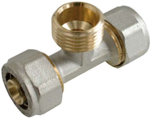 Kirchhoff Messing adapter T-stuk, vernikkeld, 26 mm x 3/4"ET x 26 mm, klemkoppeling voor meerlagenbuis - 988913355