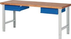 Promat Werkbank | serie BK 650 | B2000xD700xH790-1140mm beukenh. massief | lichtgrijs RAL7035 gentiaanblauw RAL5010 | 2 laden - 9000425522 9000425522