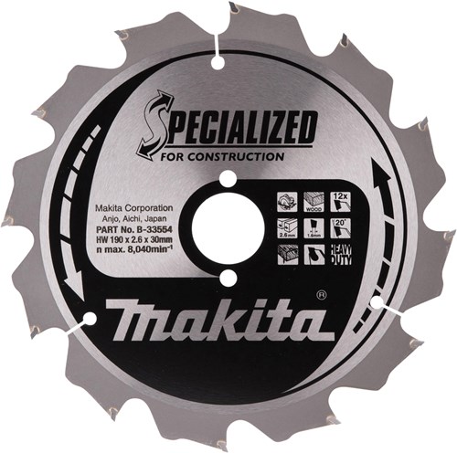 Makita Accessoires Cirkelzaagblad Hout | Bouw/Constructie Specialized 190x30x2,6 12T 20g - B-33554