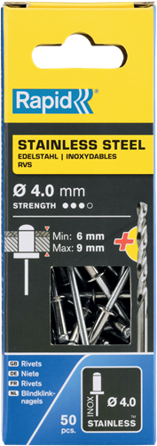 Rapid Blindklinknagels RVS | Ø4 x 12 mm | Incl. Boor | 50 Stuks - 5000394
