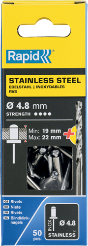 Rapid Blindklinknagels RVS | Ø4,8 x 25 mm | Incl. Boor | 50 Stuks - 5000398