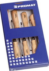 Promat/Tecwerk Schroevendraaierset | 7-delig sleuf / PH / priem | houten greep | ronde kling met 6-kant aanzet - 4000827119