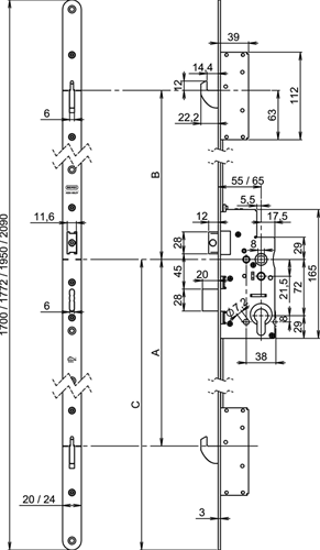 Nemef 5040 Veiligheidsmeerpuntssluiting | cilinderbediend | SKG*** | DM55mm | PC72mm | voorplaat staal verzinkt 20x1950mm afgerond| DR 1+3/2+4 - A000308695-2