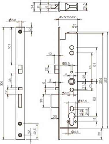 ABLOY EL260 Paniekdeurslot | signalering | zelfvergrendelend | DM40mm | PC92mm | voorplaat RVS 24x300mm rechthoekig | DR 1+2+3+4 - 10013784-2